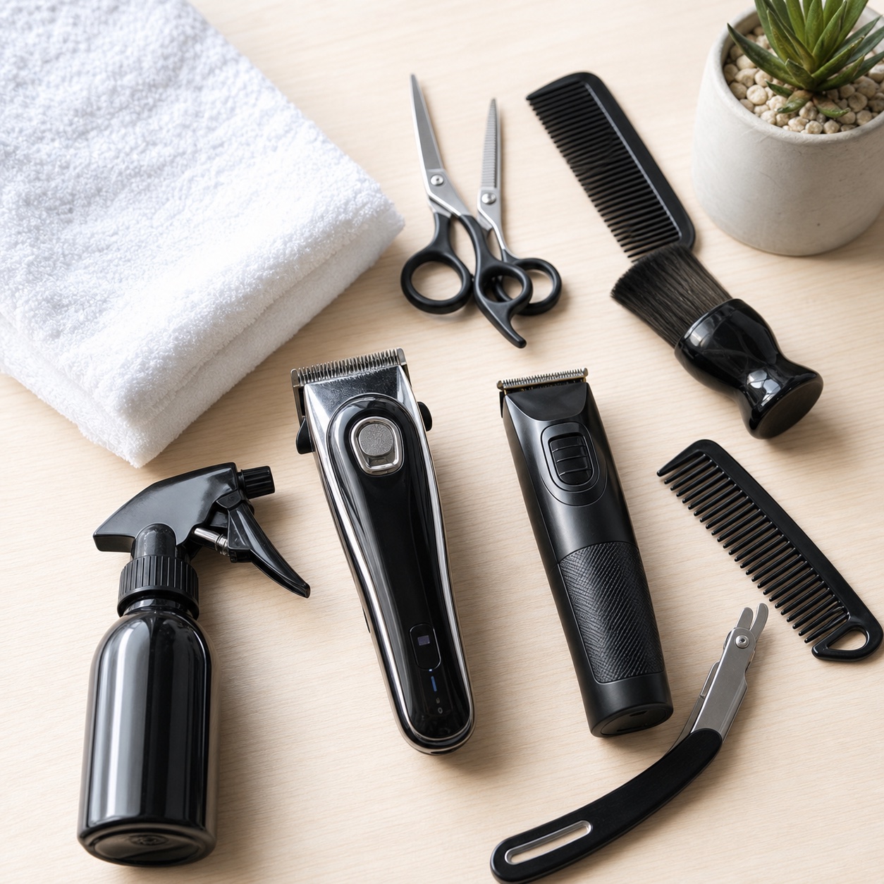 Barber tools on a pale wood counter